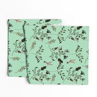 Hand-painted Bluebells and Bluebirds Floral Pattern in Mint