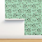 Hand-painted Bluebells and Bluebirds Floral Pattern in Mint