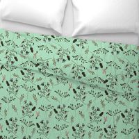 Hand-painted Bluebells and Bluebirds Floral Pattern in Mint