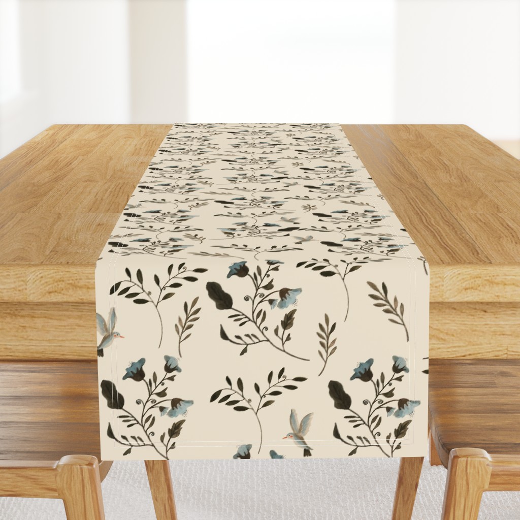 Blue Bluebells and Bluebirds Floral Pattern Cream