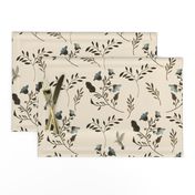 Blue Bluebells and Bluebirds Floral Pattern Cream