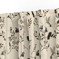 Blue Bluebells and Bluebirds Floral Pattern Cream