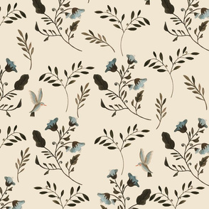 Blue Bluebells and Bluebirds Floral Pattern Cream