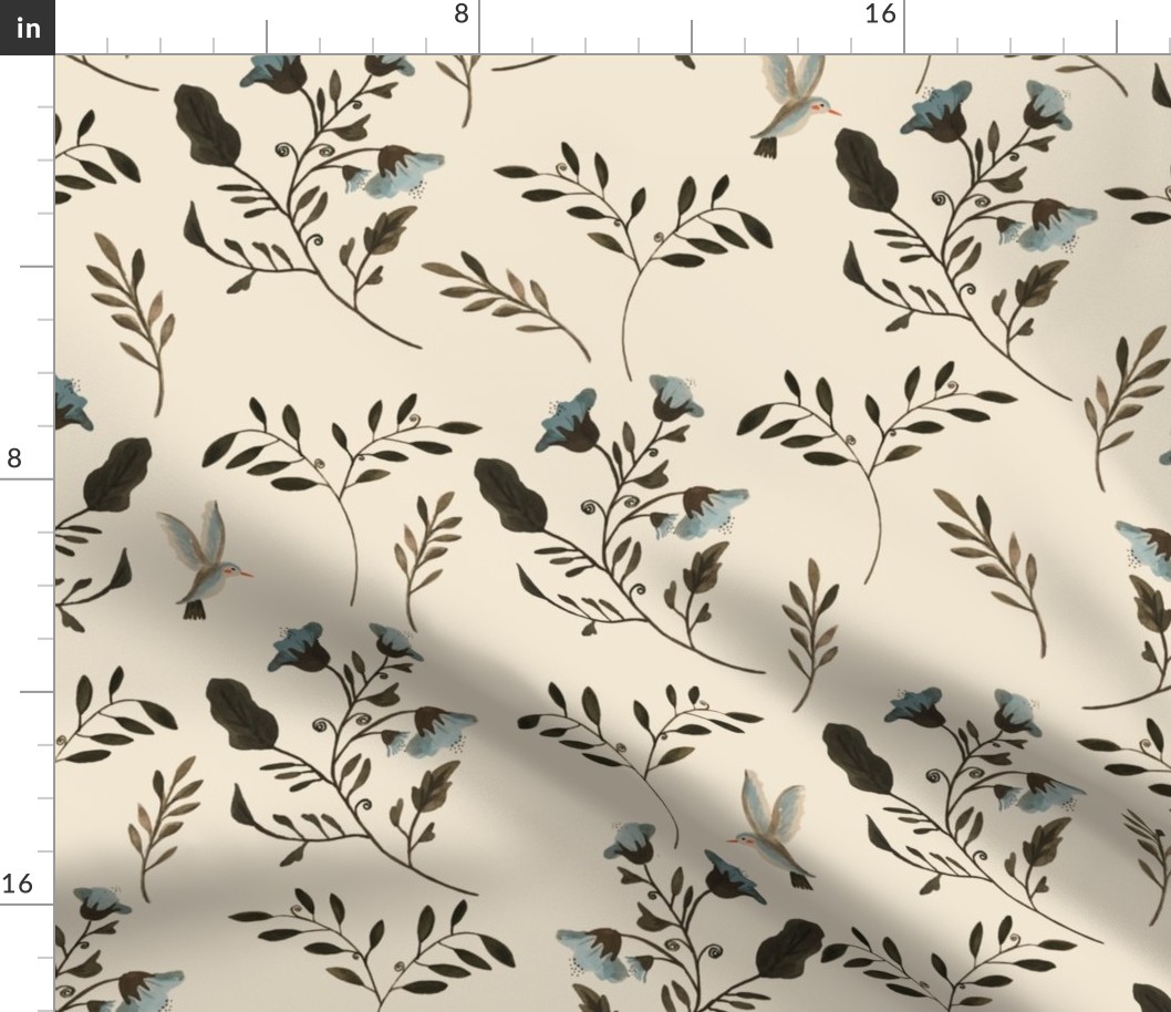 Blue Bluebells and Bluebirds Floral Pattern Cream