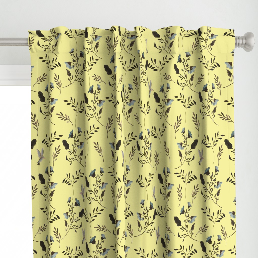 Bluebells and Bluebirds Floral Pattern Flowers in Butter Yellow