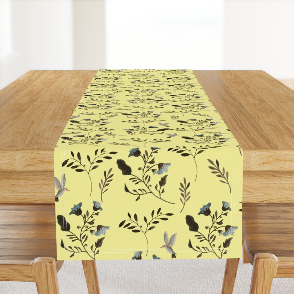 Bluebells and Bluebirds Floral Pattern Flowers in Butter Yellow