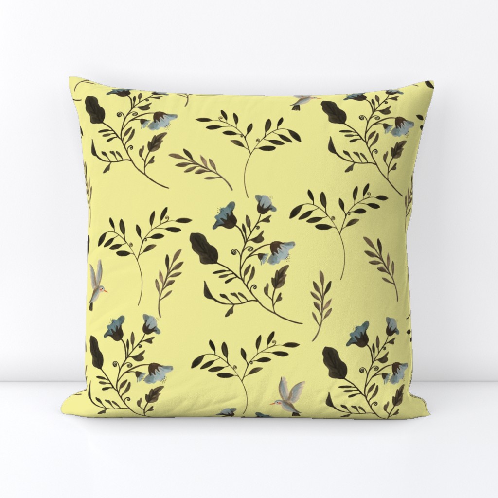 Bluebells and Bluebirds Floral Pattern Flowers in Butter Yellow