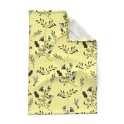 Bluebells and Bluebirds Floral Pattern Flowers in Butter Yellow