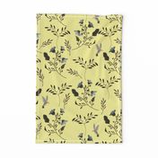 Bluebells and Bluebirds Floral Pattern Flowers in Butter Yellow