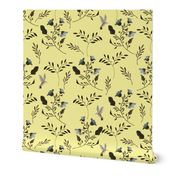 Bluebells and Bluebirds Floral Pattern Flowers in Butter Yellow