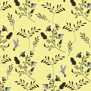 Bluebells and Bluebirds Floral Pattern Flowers in Butter Yellow