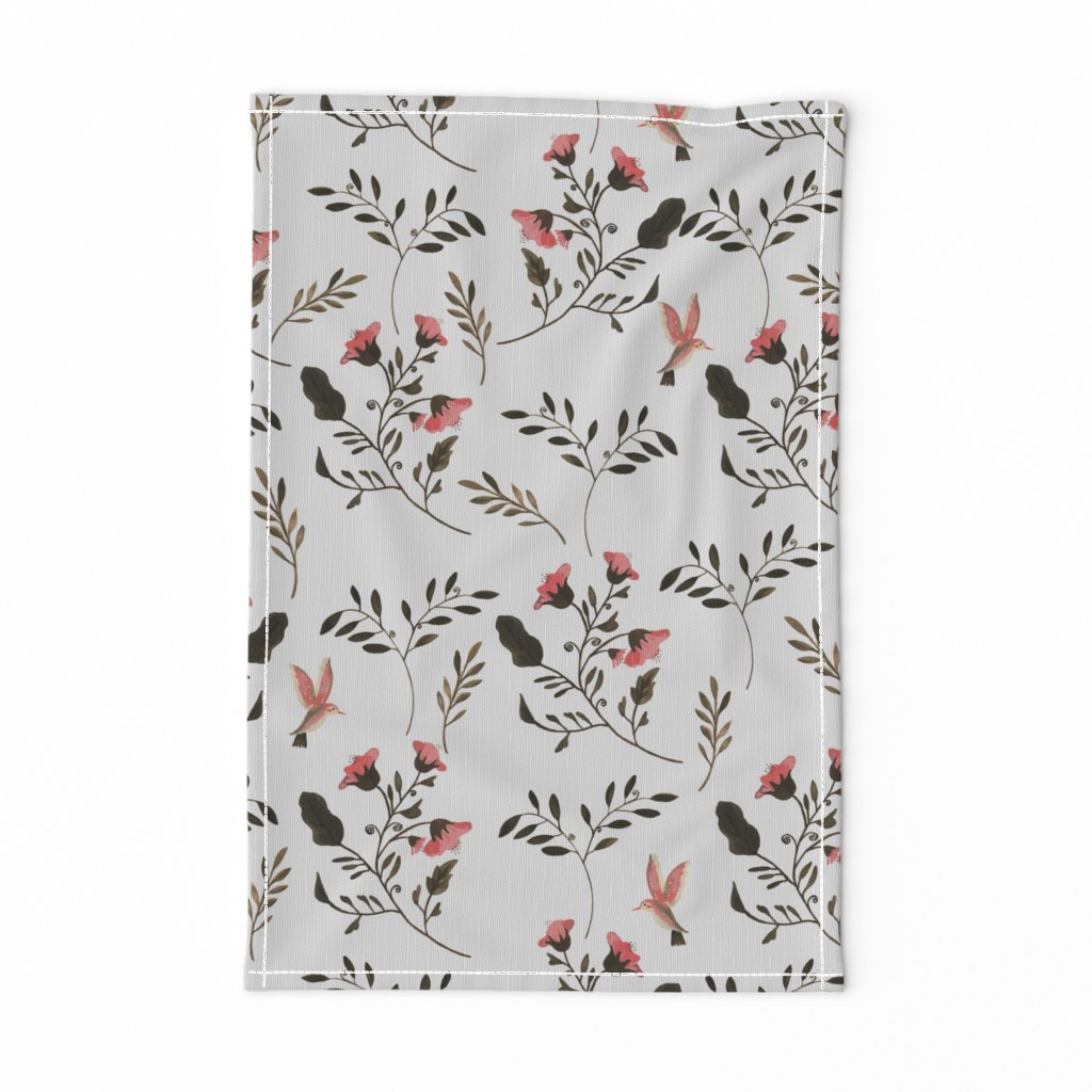 Hand-painted Rose Blossoms and Hummingbirds on Grey