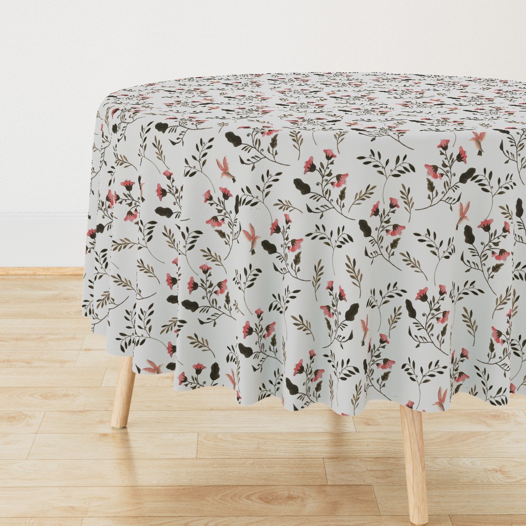 Hand-painted Rose Blossoms and Hummingbirds on Grey