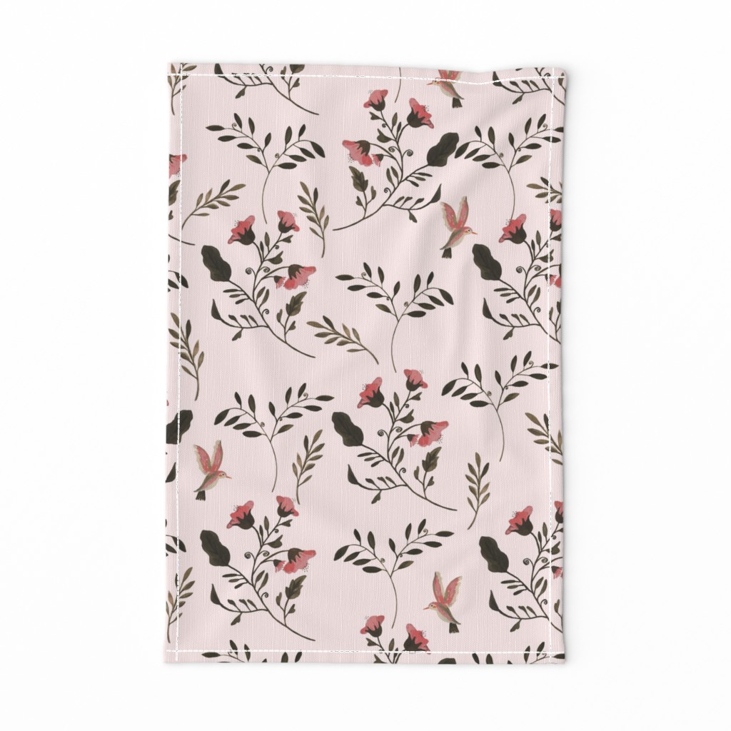 Hand-painted Rose Blossoms and Hummingbirds on Pale Pink