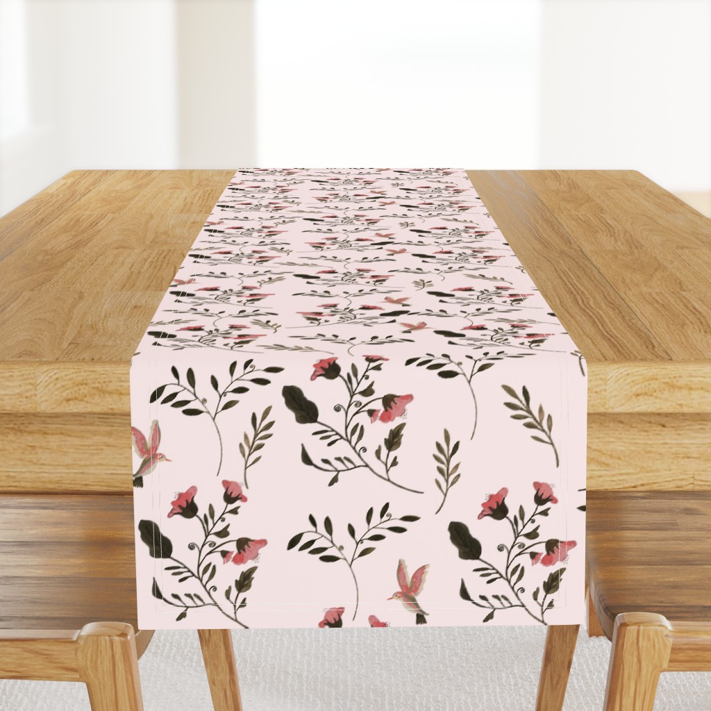 Hand-painted Rose Blossoms and Hummingbirds on Pale Pink