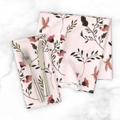 Hand-painted Rose Blossoms and Hummingbirds on Pale Pink