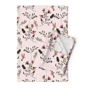 Hand-painted Rose Blossoms and Hummingbirds on Pale Pink