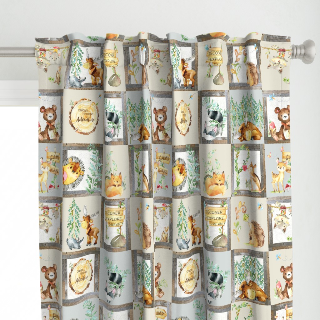 Woodland Adventure Patchwork Quilt - Moose Fox Deer Bear Hedgehog Squirrel Raccoon - Grey + Cream Blanket Design