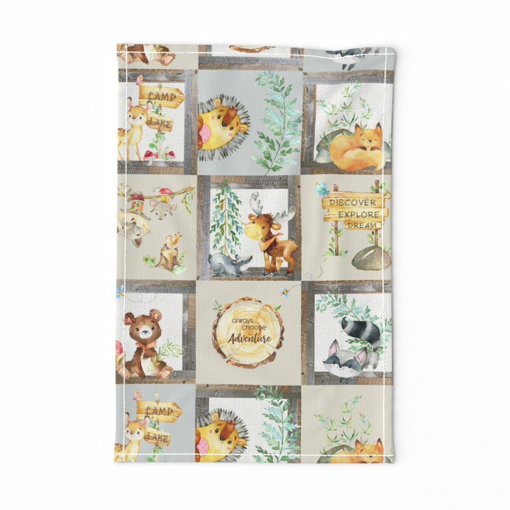 Woodland Adventure Patchwork Quilt - Moose Fox Deer Bear Hedgehog Squirrel Raccoon - Grey + Cream Blanket Design