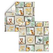 Woodland Adventure Patchwork Quilt - Moose Fox Deer Bear Hedgehog Squirrel Raccoon - Grey + Cream Blanket Design