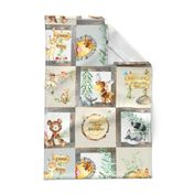 Woodland Adventure Patchwork Quilt - Moose Fox Deer Bear Hedgehog Squirrel Raccoon - Grey + Cream Blanket Design