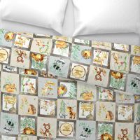 Woodland Adventure Patchwork Quilt - Moose Fox Deer Bear Hedgehog Squirrel Raccoon - Grey + Cream Blanket Design