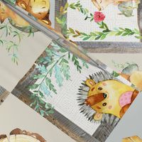 Woodland Adventure Patchwork Quilt - Moose Fox Deer Bear Hedgehog Squirrel Raccoon - Grey + Cream Blanket Design