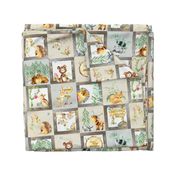 Woodland Adventure Patchwork Quilt - Moose Fox Deer Bear Hedgehog Squirrel Raccoon - Grey + Cream Blanket Design