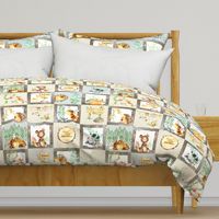 Woodland Adventure Patchwork Quilt - Moose Fox Deer Bear Hedgehog Squirrel Raccoon - Grey + Cream Blanket Design