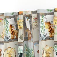 Woodland Adventure Patchwork Quilt - Moose Fox Deer Bear Hedgehog Squirrel Raccoon - Grey + Cream Blanket Design