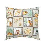 Woodland Adventure Patchwork Quilt - Moose Fox Deer Bear Hedgehog Squirrel Raccoon - Grey + Cream Blanket Design