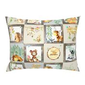 Woodland Adventure Patchwork Quilt - Moose Fox Deer Bear Hedgehog Squirrel Raccoon - Grey + Cream Blanket Design