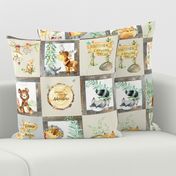 Woodland Adventure Patchwork Quilt - Moose Fox Deer Bear Hedgehog Squirrel Raccoon - Grey + Cream Blanket Design