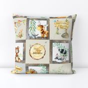 Woodland Adventure Patchwork Quilt - Moose Fox Deer Bear Hedgehog Squirrel Raccoon - Grey + Cream Blanket Design