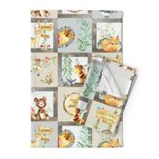 Woodland Adventure Patchwork Quilt - Moose Fox Deer Bear Hedgehog Squirrel Raccoon - Grey + Cream Blanket Design