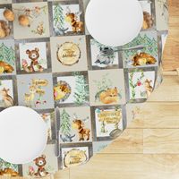 Woodland Adventure Patchwork Quilt - Moose Fox Deer Bear Hedgehog Squirrel Raccoon - Grey + Cream Blanket Design