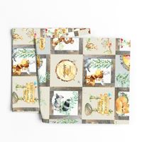 Woodland Adventure Patchwork Quilt - Moose Fox Deer Bear Hedgehog Squirrel Raccoon - Grey + Cream Blanket Design