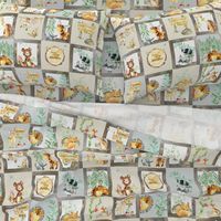 Woodland Adventure Patchwork Quilt - Moose Fox Deer Bear Hedgehog Squirrel Raccoon - Grey + Cream Blanket Design