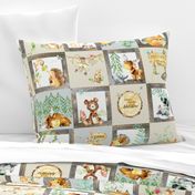 Woodland Adventure Patchwork Quilt - Moose Fox Deer Bear Hedgehog Squirrel Raccoon - Grey + Cream Blanket Design