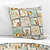 Woodland Adventure Patchwork Quilt - Moose Fox Deer Bear Hedgehog Squirrel Raccoon - Grey + Cream Blanket Design