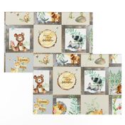 Woodland Adventure Patchwork Quilt - Moose Fox Deer Bear Hedgehog Squirrel Raccoon - Grey + Cream Blanket Design