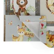 Woodland Adventure Patchwork Quilt - Moose Fox Deer Bear Hedgehog Squirrel Raccoon - Grey + Cream Blanket Design