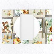 Woodland Adventure Patchwork Quilt - Moose Fox Deer Bear Hedgehog Squirrel Raccoon - Grey + Cream Blanket Design