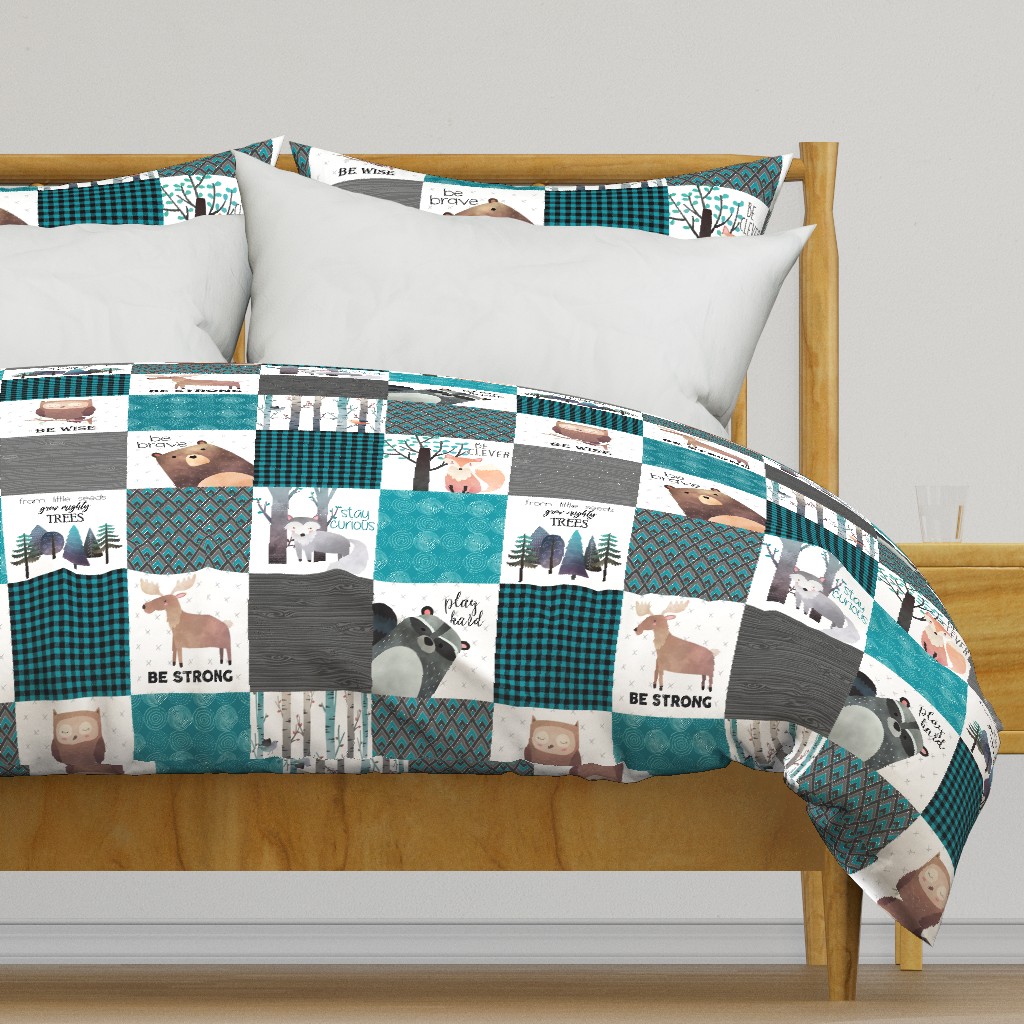 Woodland Critters Patchwork Quilt - Bear Moose Fox Raccoon Wolf, Teal, Black & Gray Design GingerLous