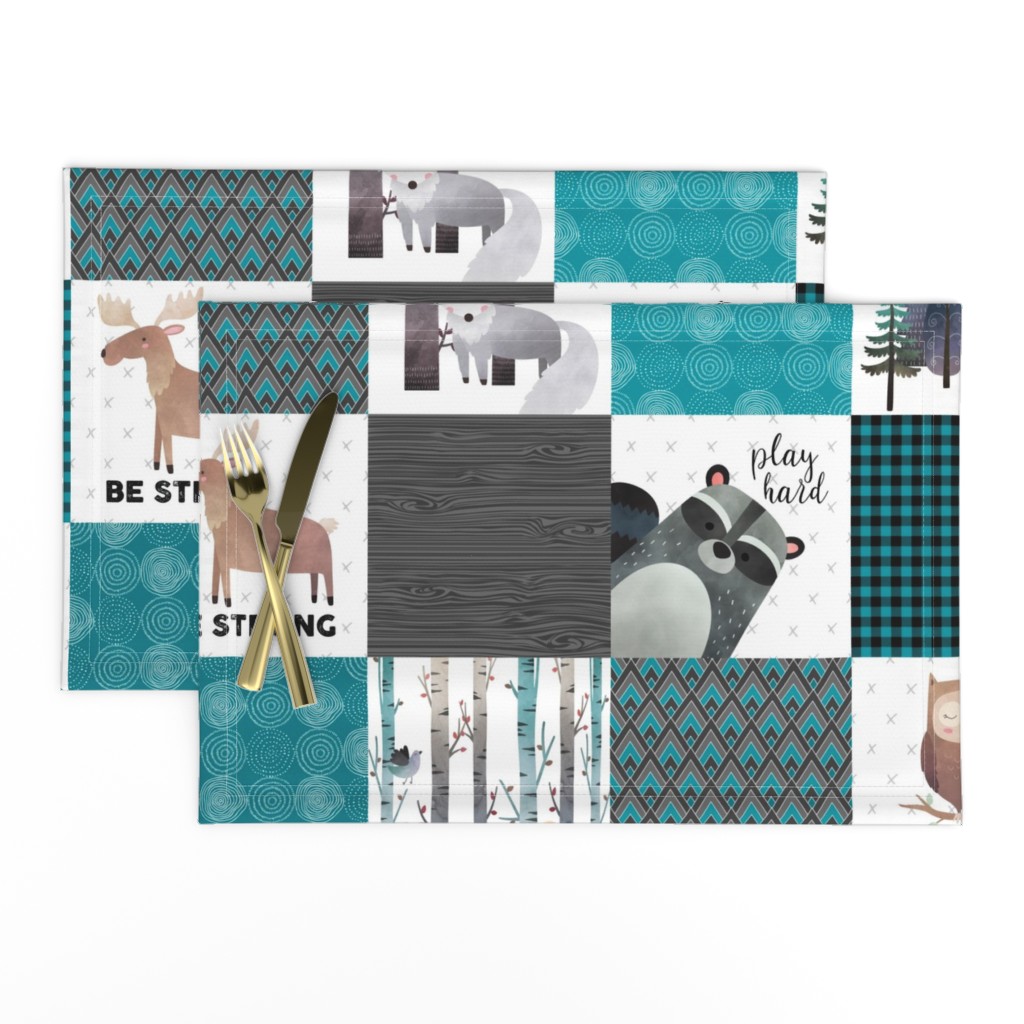 Woodland Critters Patchwork Quilt - Bear Moose Fox Raccoon Wolf, Teal, Black & Gray Design GingerLous