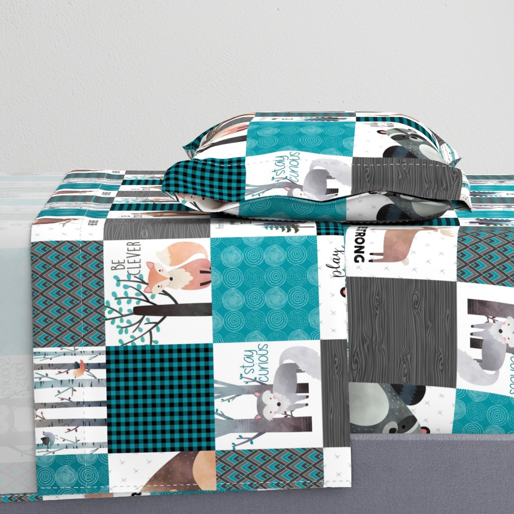 Woodland Critters Patchwork Quilt - Bear Moose Fox Raccoon Wolf, Teal, Black & Gray Design GingerLous