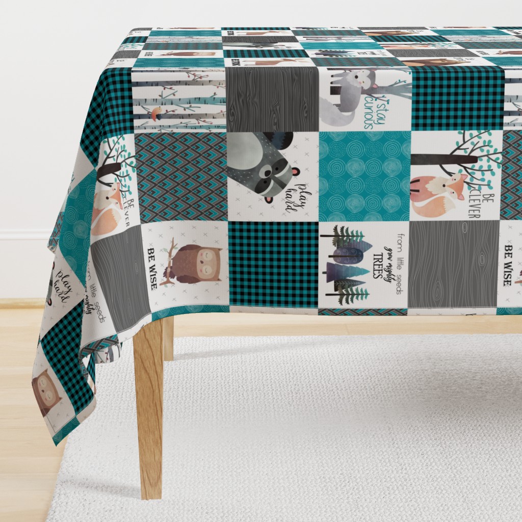 Woodland Critters Patchwork Quilt - Bear Moose Fox Raccoon Wolf, Teal, Black & Gray Design GingerLous