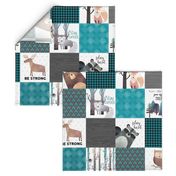 Woodland Critters Patchwork Quilt - Bear Moose Fox Raccoon Wolf, Teal, Black & Gray Design GingerLous