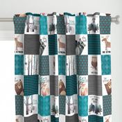 Woodland Critters Patchwork Quilt - Bear Moose Fox Raccoon Wolf, Teal, Black & Gray Design GingerLous