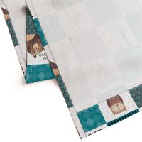 Woodland Critters Patchwork Quilt - Bear Moose Fox Raccoon Wolf, Teal, Black & Gray Design GingerLous